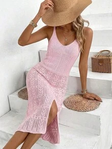 Elegante vestido de mujer de punto con abertura, sin mangas, cuello en V, ajustado, con diseño calado - Rosa Pálido - Ver 1