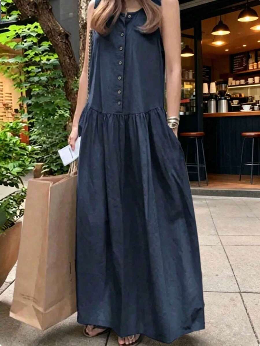 Damen-Maxikleid in Große Größen, ärmellos, mit Rundhalsausschnitt, A-Linie, Taschen, lässiges Slip-Kleid aus gewebtem Stoff, elegant - marineblau - Übersicht 1