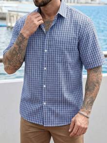 Camisa Casual Masculina de Manga Curta com Estampa Xadrez e Abotoamento Simples - Azul - Visão 1