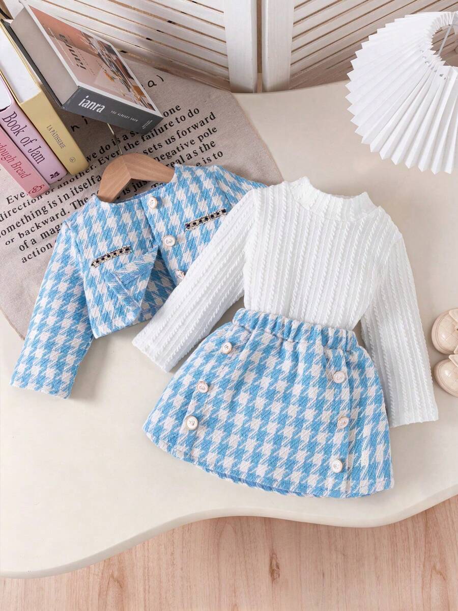 3pcs/Set Toddler Girls' Fashionable Red Plaid Jacket, Turtleneck Top & Rose Button Skirt, Autumn/Winter - Blue - View 1
