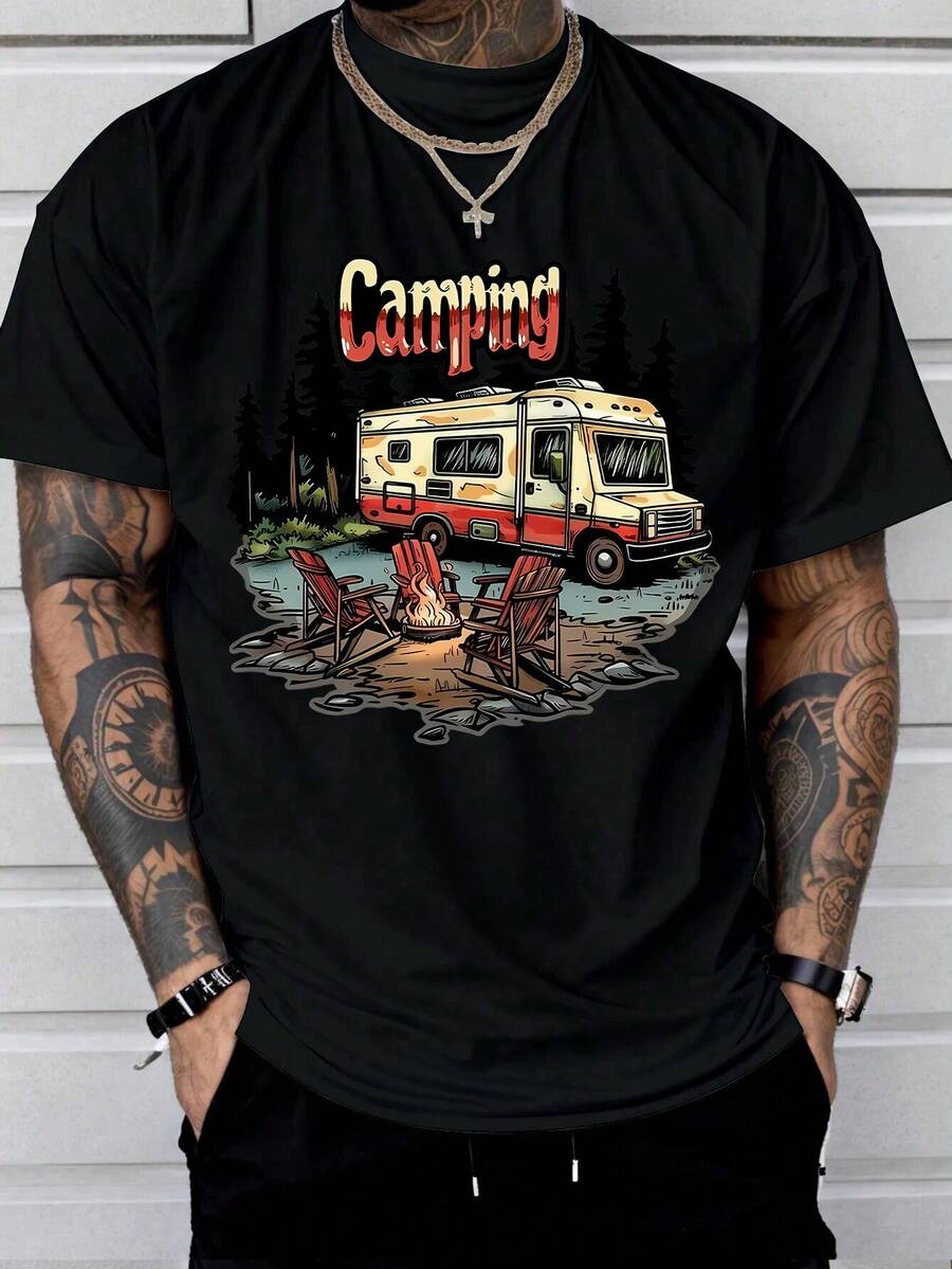 Camisa de manga corta con estampado moderno para hombre - Negro - Ver 1