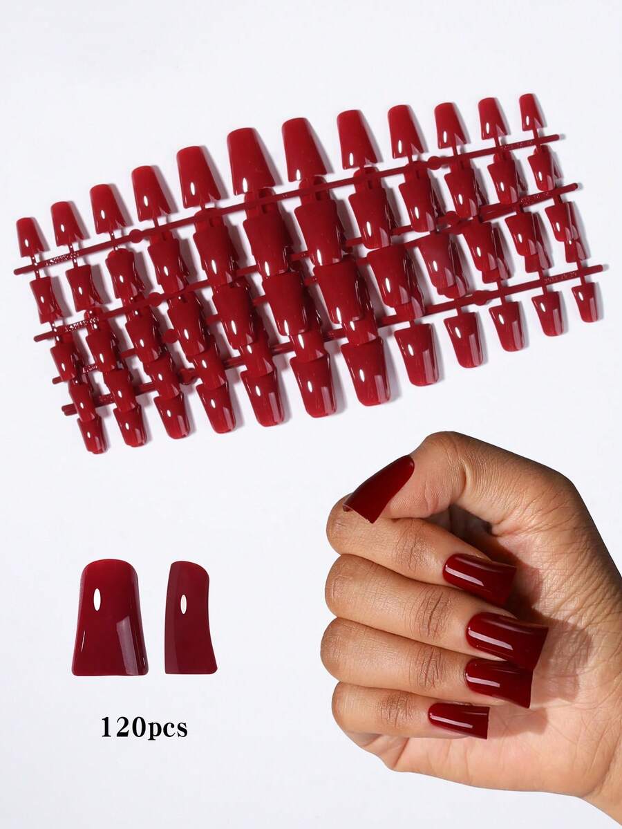 120pcs (5-Pack) Of Duckbill-Shaped Red Press-On Nails, Including A Gel Pad And A Nail File, Suitable For Everyday Work And DIY Use. - Red - View 1