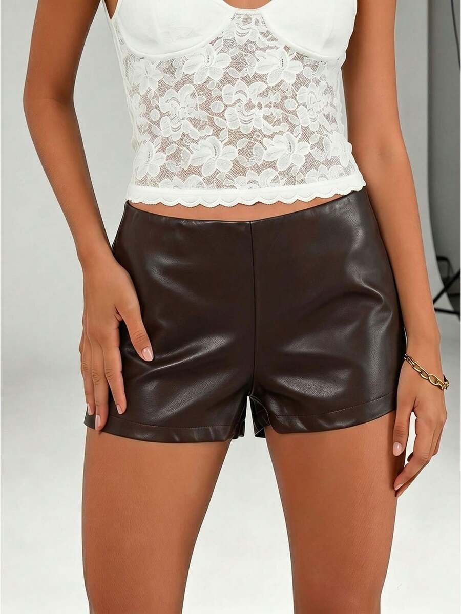 Womens Mini PU Leather Shorts Casual Stylish Solid Color Zip Side Mid Rise Shorts For Daily Life Party And More - 巧克力棕 - 查看 1