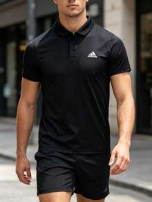 Adidas 男士休闲短袖 Polo 衫，简约领口设计，适合健身、训练、跑步、运动 HR8730 - 黑色 - 查看 2