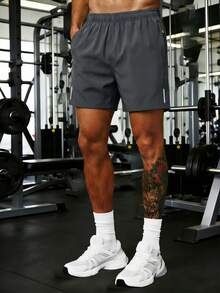 Men's High-Performance Casual Loose Quick-Dry Solid Color Sports Shorts With Reflective Strip Design, Pockets, Zipper And Waist Drawstring - Grey - View 3