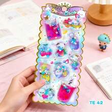 Pegatinas 3D con brillos en forma de conejo lindo, gatito, botella de agua y estrella, divertido intercambio de pegatinas - Multicolor - Ver 30
