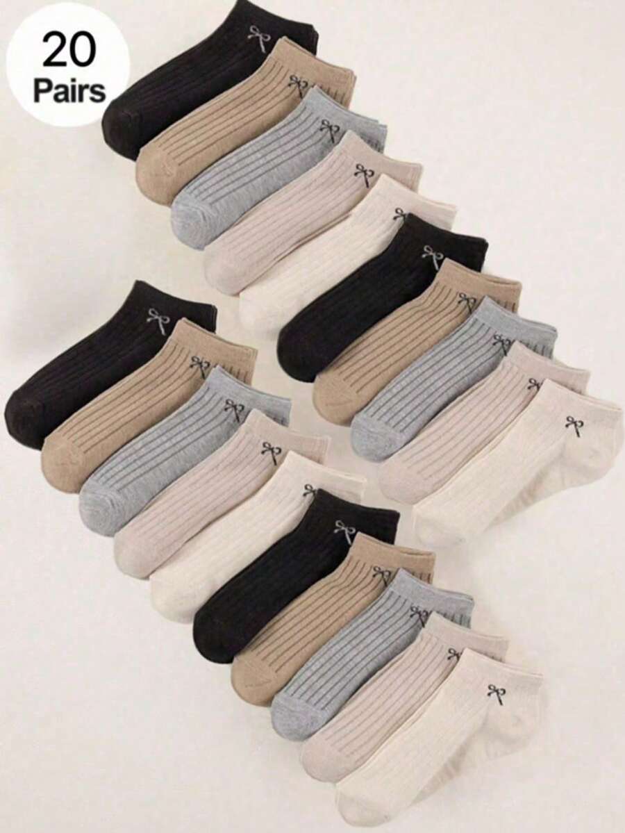 20 Pairs Bowknot Pattern Socks, Simple And Elegant Japanese Clown Casual Style, Comfortable And Breathable, Suitable For Sportswear - Multicolor - View 1