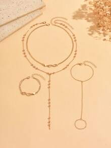 4pcs/Set Minimalist Elegant Gold-Tone Infinity Symbol & Heart Decor Y-Shaped Necklace & Finger Chain Jewelry Set, Suitable For Women's Daily Wear, Commute, Gathering And Dating, Chain Length Adjustable By Cutting - Gold - View 2