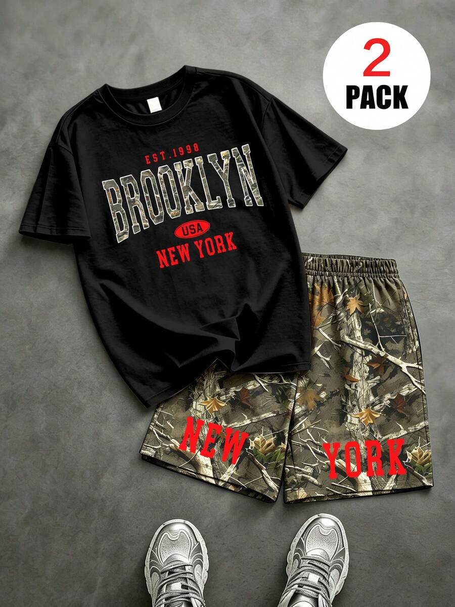 2pcs/Set Boys' Outfit, NEW YORK Theme Graphic Loose Top + All-Over Dried Leaf Print Shorts, Comfortable And Soft, Suitable For Summer And Sports - Multicolor - View 1