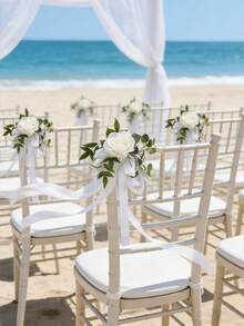 6pcs Rose Flower Wedding Chair Back Decor With Leaves And Ribbon, Wedding Aisle Chair Decorations, Church Chair Bench Decor For Wedding Ceremony - White - View 2