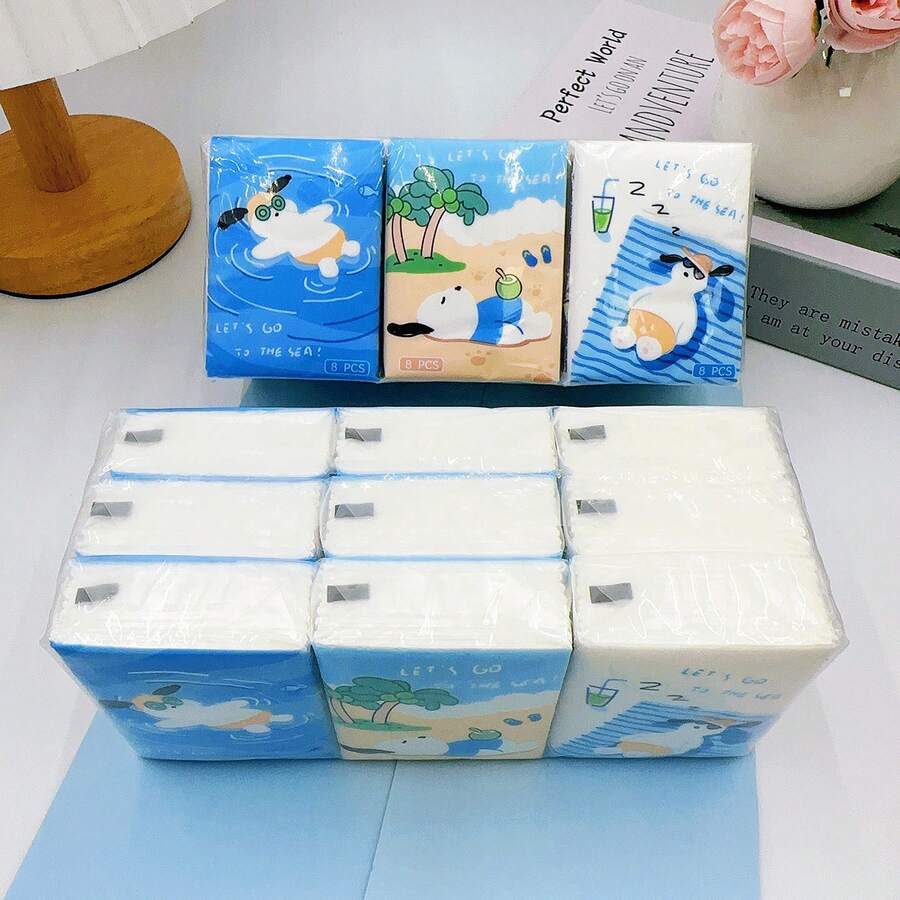 9包/條小甜狗迷你手帕紙巾,白色原生木漿手帕紙巾,適用於日常清潔 - A - 查看 1