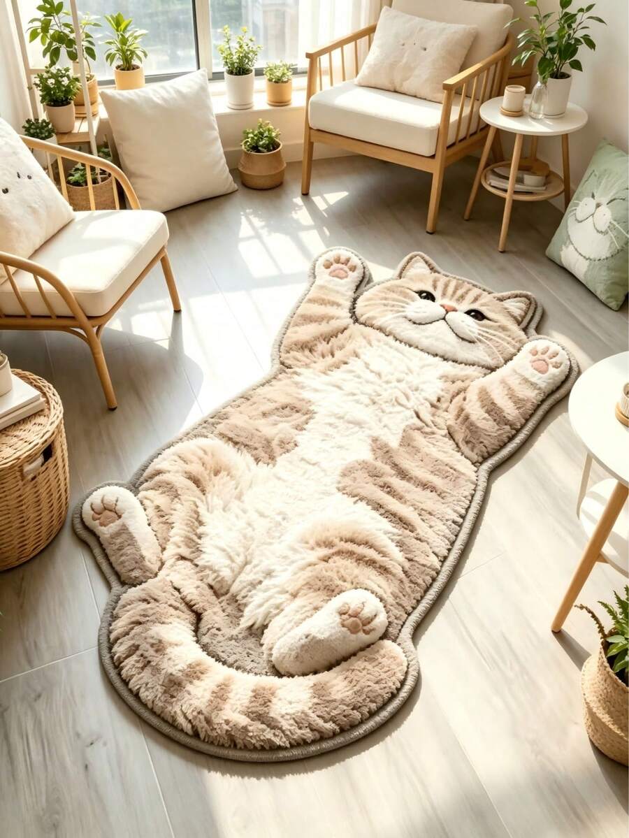 1pc Cream Cat Lying On Back Floor Mat, Washable Area Rug For Living Room, Non-Slip Bathroom Decor Mat, Cartoon Animal Cushion For Home Decor, Indoor Room Decoration Rug - Reclining Cream Cat - View 1
