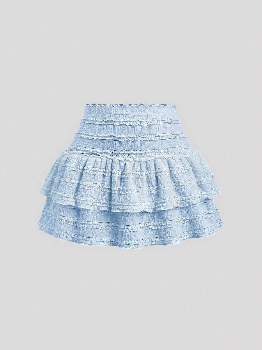 Y2K Casual Resort Mini Skirt With Double-Layered Hem And Solid-Color Ruffle Trim - Celeste - View 1