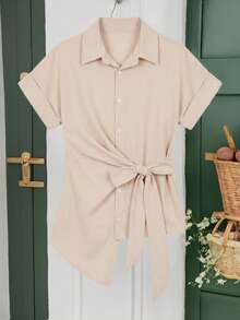 Rikumo 1pc Solid Color Woven Asymmetric/Asymmetrical Shirt, Office & Casual Wear, Summer - Apricot - View 5