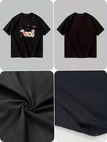 Men's Round Neck Short Sleeve, Summer Fashion Solid Color Breathable Comfortable Animal Floral Print Casual Versatile T Shirt For Daily Leisure - 黑色 - 查看 4
