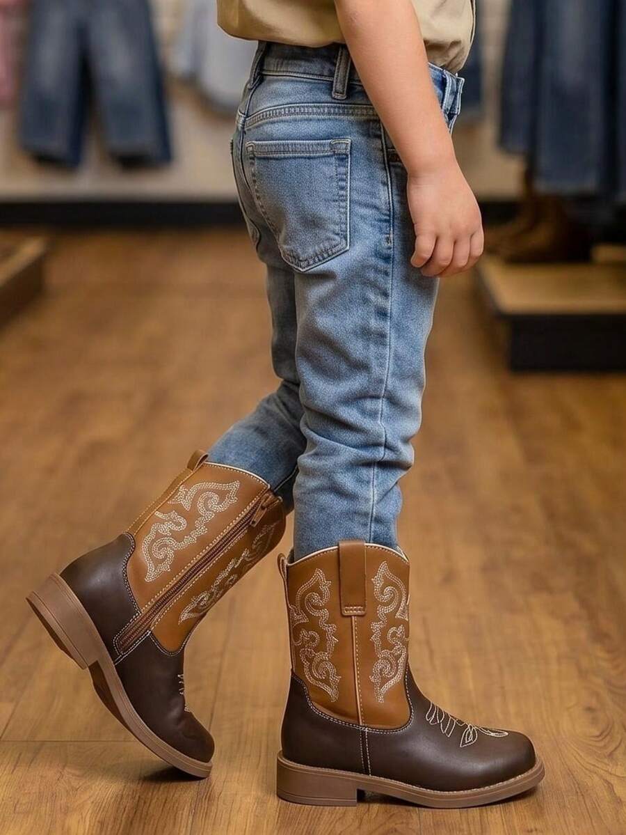 Cowboy Boots, Two-Tone Brown Mid Calf Western Riding Boots With Decorative White Embroidery, Casual Non-Slip Boots For Toddler Little Kids - Camel - View 1