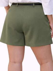 Women's Plus Size Tailored Shorts With Belt And Pockets, High Waist - Army Green - View 3