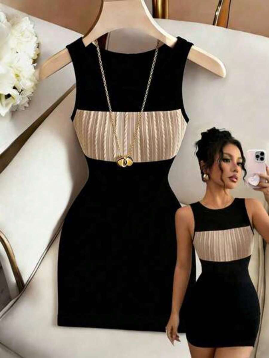 wsb - Colección de ropa femenina de moda Vestido de verano ajustado y sexy con textura y sin mangas para mujer - Albaricoque - Ver 1