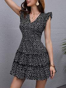 - Colección de ropa femenina de moda  Clasi Vestido Floral De Estilo Romántico Con Volantes En Los Orificios De Los Brazos, Con Corte Asimétrico - Albaricoque - Ver 2