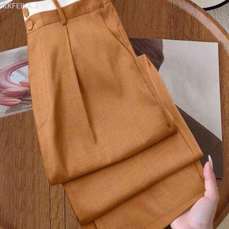 Soqi Women's Clothing Petite Pantalones rectos casuales de talla grande para mujer con bolsillos contrastantes - Naranja - Ver 1