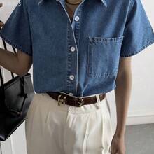 yonghongmaoyi1  Camisa vaquera casual de mujer con cuello de solapa y bolsillos grandes Y2k - Azul lavado oscuro - Ver 5