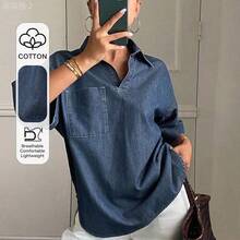 xuehuamaoyi02  Blusa de mezclilla suelta y casual de color natural para mujer, nueva llegada para otoño y verano - Blanco - Ver 2