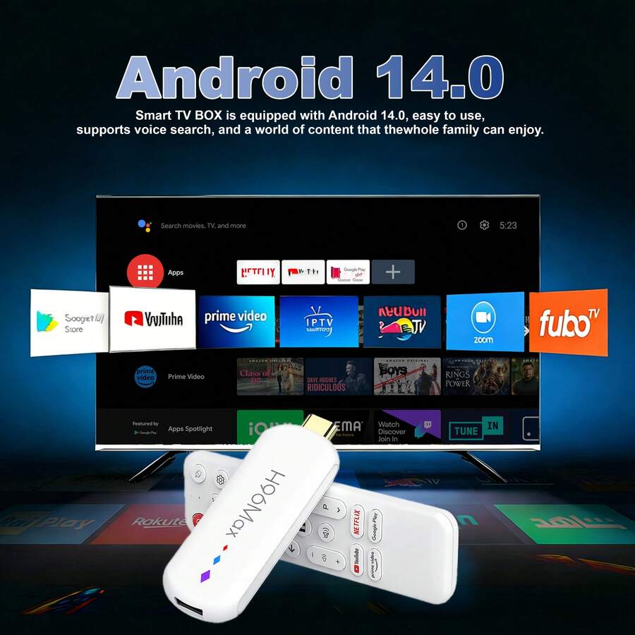 Brand New Android 14 Smart TV Stick, Supports Voice Control, 4K Ultra HD, 2GB RAM 16GB ROM, 64-Bit AllWinner Processor, 3D USB Type-C, Dual-Band 2.4/5GHz Wi-Fi 6, Bluetooth 5.0, Smart Control Interface, Mini USB Port
