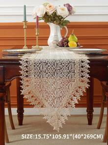 100% Pplyester Beige Sheer Mesh Table Runner With Triangle Point Tip, All Over Floral & Leaf Hollow Crochet Lace Border, Transparent See Through Decor Table Scarf For Dining Table Tea Table Wedding Farmhouse Home Kitchen Decor - Khaki - View 9