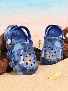 Cute Cartoon Dinosaur Letter Pattern Hollow Out Clogs - Navy Blue - View 4