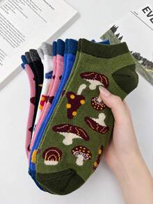5 Pairs Women Vintage Mushroom Print Fashion Ankle Socks, Soft Breathable Minimalist Casual Socks, Cute Everyday Socks For Spring And Summer - Multicolor - View 5