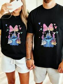 Disney Lilo & Stitch Castle Minnie Bow Matching Couple T-Shirt, Casual Crew Neck Tee, Breathable Cotton For Disney Vacation - 女士黑色 - 查看 1