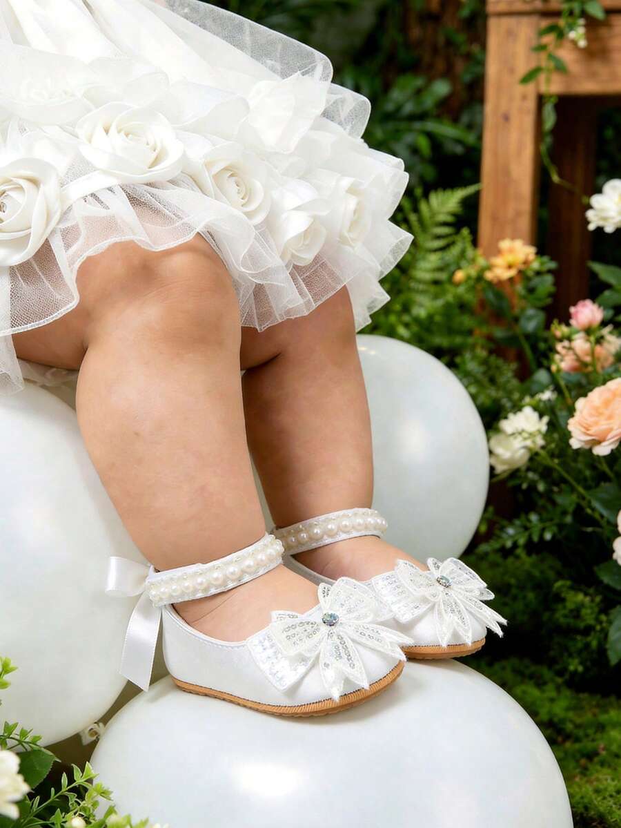 Newborn/Infant Girls' Mary Jane Flats - Newborn Infant Prewalker Shoes Soft Rubber Sole Princess Wedding Christening Crib Shoes