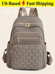 Classic Beaded Quilted Backpack For Women Waterproof Business Casual Commuting Travel Bag Cute Multi-Compartment Computer Daypack For Back To School - 灰色 - 查看 1