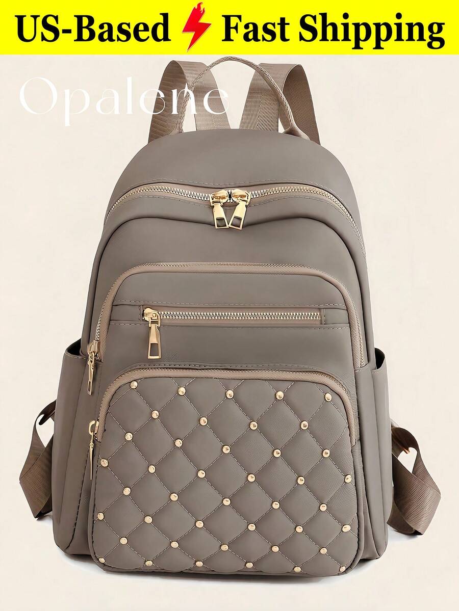 Classic Beaded Quilted Backpack For Women Waterproof Business Casual Commuting Travel Bag Cute Multi-Compartment Computer Daypack For Back To School - 灰色 - 查看 1