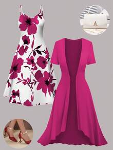 Spring Summer Autumn Plus Size Women's Elegant Vintage Floral Print Cami Dress With Versatile Solid Color Cardigan 2-Piece Set Vacation - Hot Pink - View 1