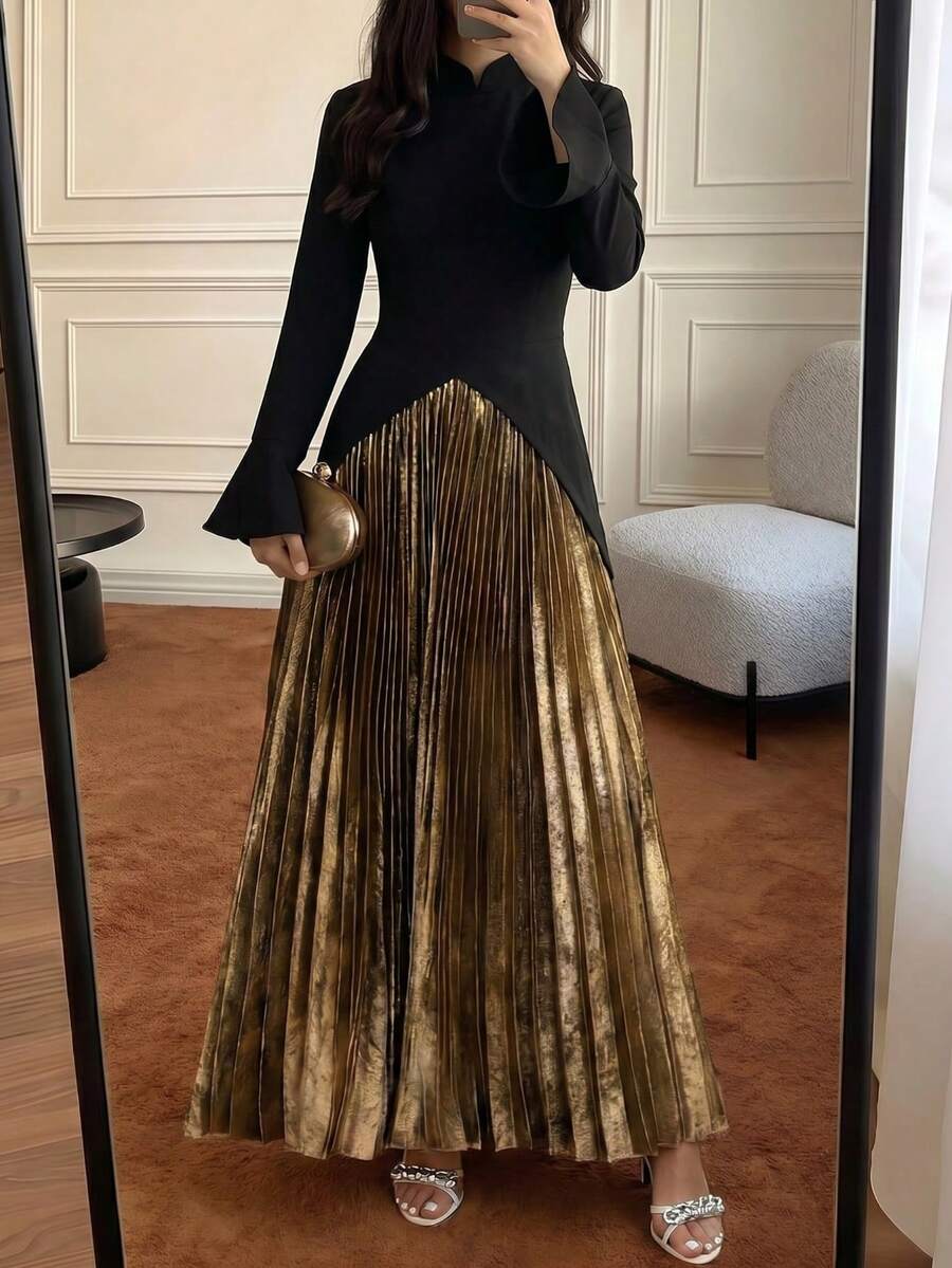 女士优雅黑金撞色套装 - 长款喇叭袖上衣搭配闪亮百褶裙,适合情人节约会、正式派对、晚宴等场合。 - 黑色 - 查看 1