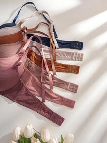 6pcs/Set Women's Solid Color Ribbed Wireless Bra Comfortable Lingerie - Multicolor - View 5
