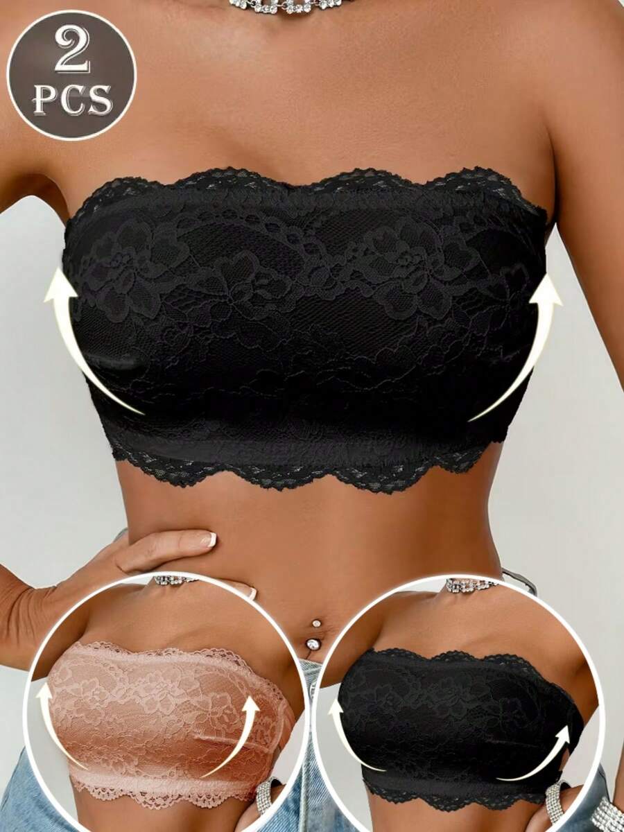 2pcs/Set Women's Fashion Strappy Buckle Lace Patchwork Lingerie, Strapless Camisole Top, Unlined Spaghetti Strap Bra - Multicolor - View 1