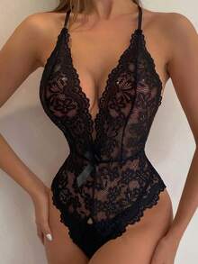 Spicy Aura Floral Lace Scallop Trim Crotchless Teddy Bodysuit Lingerie - 黑色 - 查看 3