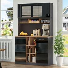 Moderner weißer Küchenschrank (105 * 45 * 185 cm), der als Sideboard oder Vitrine genutzt werden kann. Er verfügt über hochglanzlackierte Türen, Metallgriffe, verstellbare Einlegeböden, Schubladen, offene Ablageflächen und eine Kippsicherung. Geeignet für Küche, Esszimmer und Wohnzimmer. - Schwarz - Übersicht 2