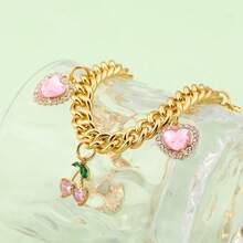 Sweet Cute Pink Gem CherryKeychain Korean Fruit Charm BagAccessorie Heart Bag Pendant Jewelry Girls Valentine's Day Gifts Handbag Extension Chain - Multicolor - View 3