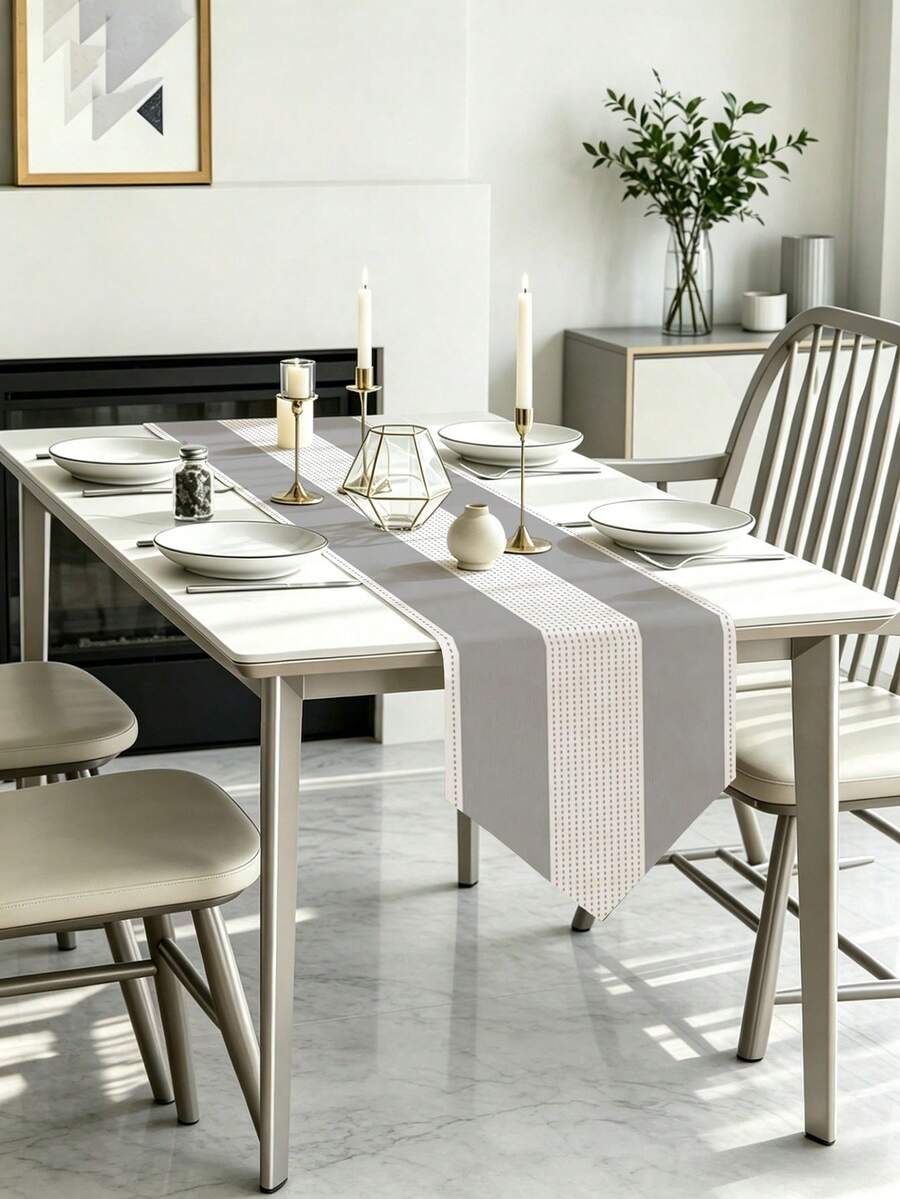 1pc,Crafted Table Runner,Simple Striped Style Triangular Table Runner,Microwave Dust Cover,Protective Cover,Rectangular Tablecloth,Washable,Suitable For Home Dinner,Coffee Table,Kitchen And Dining Room Decoration,Dining Table Decoration Party And Scene Decoration,Home Decor,Outdoor Patio Table Runner Decoration,Entrance Decoration,Fireplace Cloth - Grey - View 1
