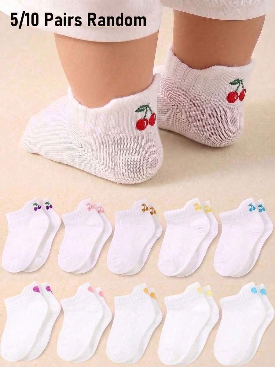 5/10 Pairs Random Baby Ankle Socks, Colorful Cherry And Heart Print Socks, Socks For Girls, Baby Stuff, Toddlers, Newborns, Funny Socks, Gift - Multicolor - View 1