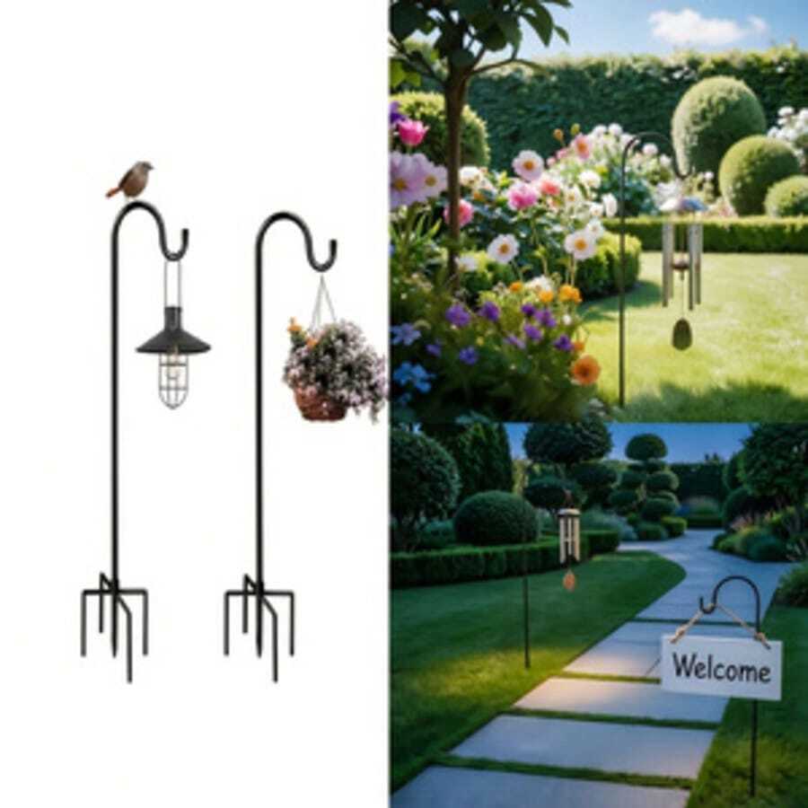 WIXHFG 2/4 Piece Heavy-Duty Shepherd's Hook Outdoor Garden Stand, With Five-Prong Base - Sturdy Iron Bird Feeder Stand, Suitable For Hanging Plant Baskets, Solar Lanterns, Outdoor Plant Hangers - Easy To Install, Wide Base Provides Stability - 2-pack - View 1