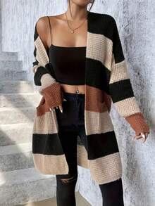 Plus Size Striped Colorblock Pocket Knit Cardigan - Multicolor - View 2