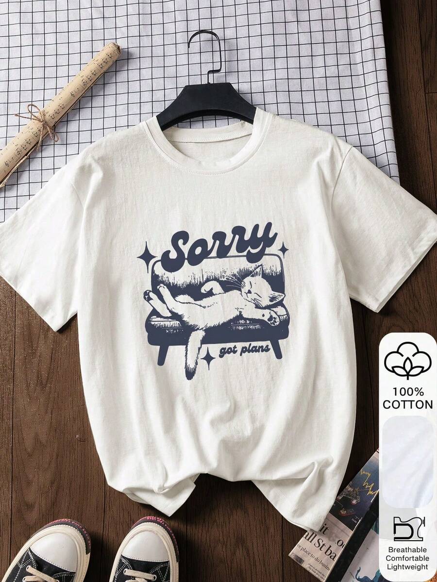 Women's 100% Cotton Short-Sleeved T-Shirt With Cat Print, Casual Summer Set, Cotton T-Shirt, Summer Top, Graphic Print, Women's T-Shirt, Top - 白色 - 查看 1