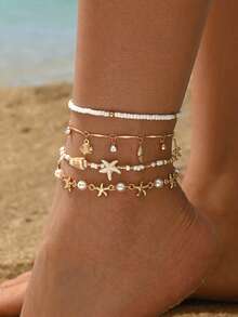 Juego de 4 tobilleras de cadena dorada con múltiples colgantes de estrella de mar, concha y caracol, perlas falsas, strass y cuentas de arroz, estilo bohemio dulce, hecho a mano, joyería de pie para mujer, adecuada para uso diario, vacaciones en la playa y fiestas - Multicolor - Ver 1