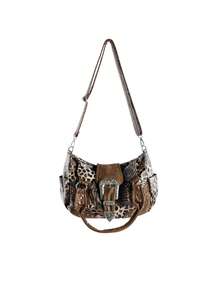 Rollcall Y2K Streetwear Women's Personalized Leopard Print Handbag, Large Capacity Vintage Rivet Crafted Shoulder Bag, Multi-Pocket Detachable Strap - Brown - View 2