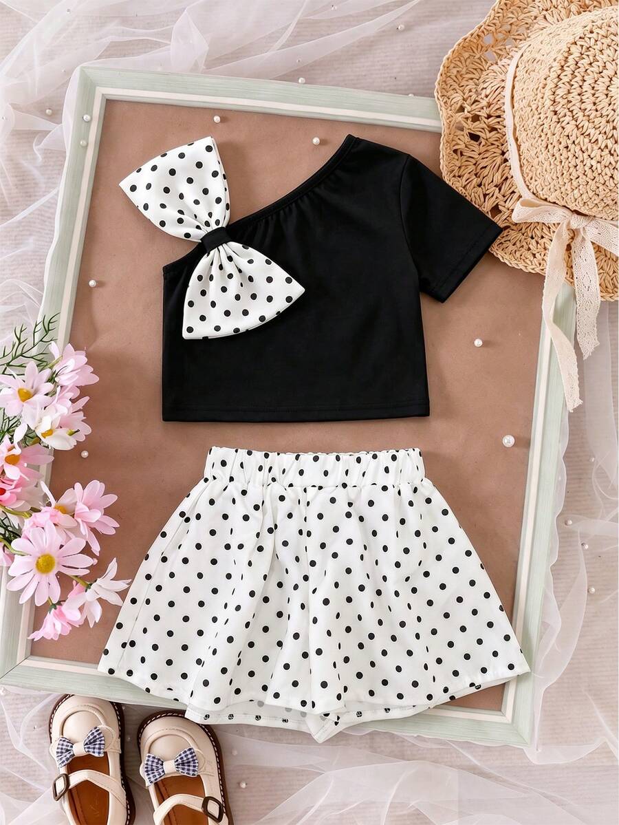 Young Girl' Bowknot Splice Fashionable Top And Black Polka Dot Shorts - Black - View 1