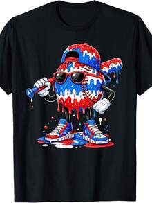 Camiseta para niño con goteo de helado - Camiseta de manga corta y cuello redondo con estampado de béisbol del 4 de julio, prenda de verano casual transpirable con goteo, - Negro - Ver 1